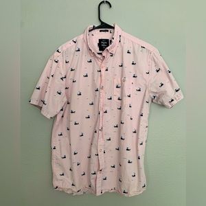 Pink short sleeve whale print button down shirt